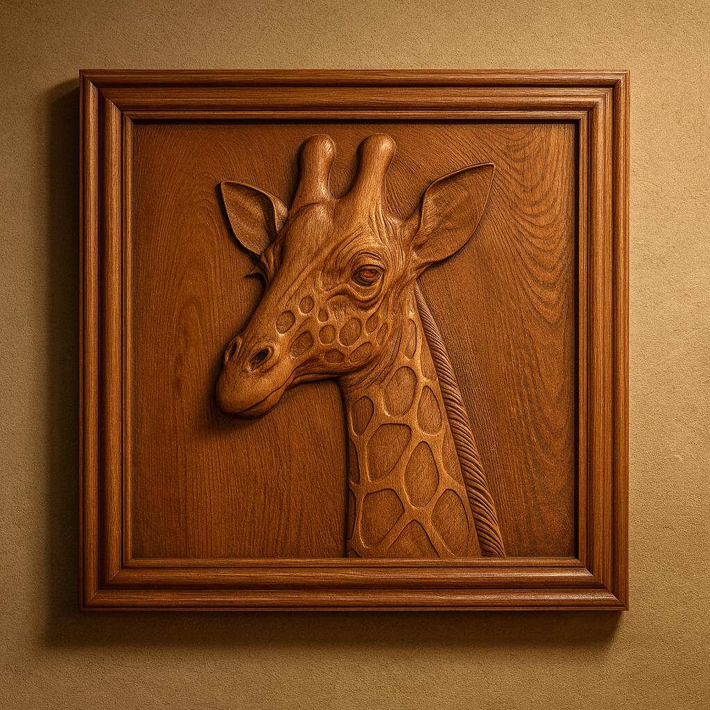 Showcased in a square wooden frame and mounted on a beige wall, the Giraffe Portrait CNC Relief STL File from Form Arcade offers a striking wildlife CNC wall art design—perfect for woodworking projects or anyone seeking a unique giraffe portrait digital file.