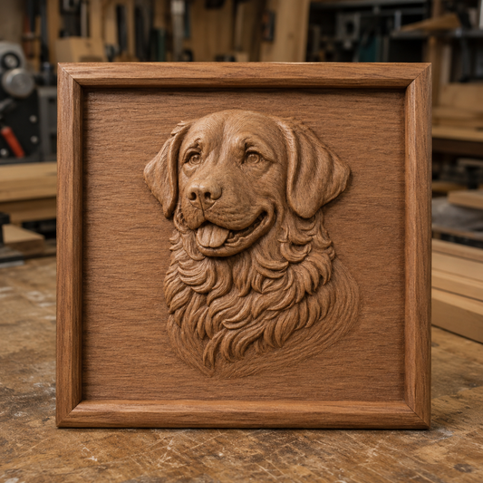A handcrafted Golden Retriever Dog Relief, created using the "Golden Retriever Dog Relief STL File | CNC Wall Art" by Form Arcade, sits on a woodworking bench in a workshop surrounded by tools and wooden materials, highlighting the precision and artistry achievable with CNC wood carving.