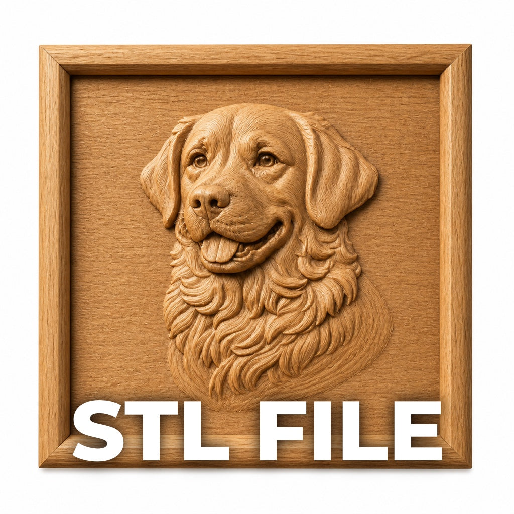 Golden Retriever Dog Relief STL File by Form Arcade—digital bas relief with detailed fur in a wooden frame design, labeled “STL FILE.” Perfect for CNC wall art or 3D printing.