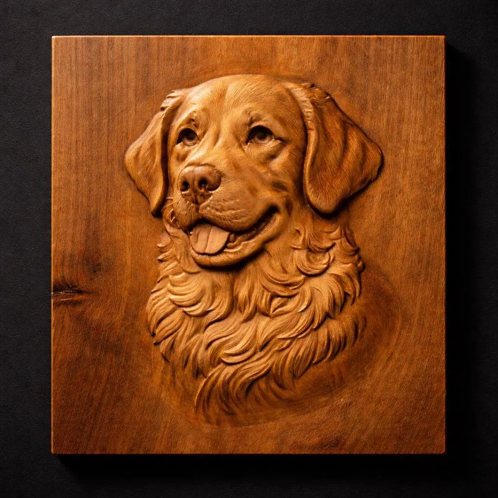 The Golden Retriever Dog Relief STL File by Form Arcade features a detailed bas relief of a happy dog’s head and chest on a square plaque—perfect CNC wall art for woodworking projects.