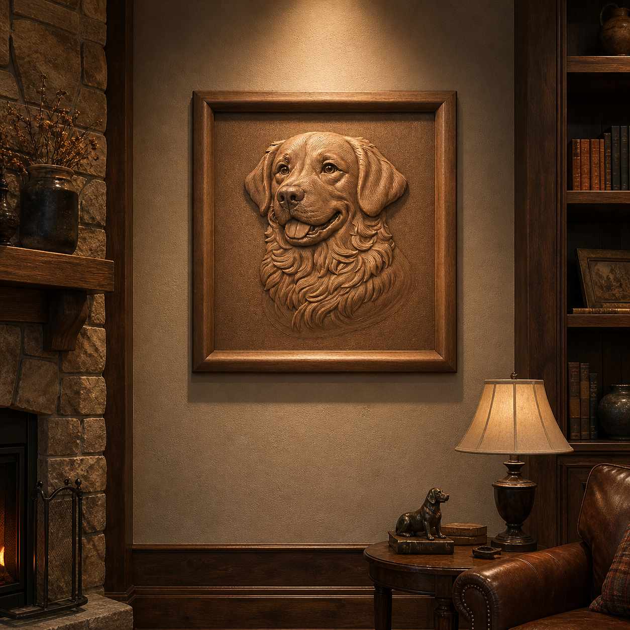 A cozy room with a stone fireplace, bookshelf, and a table lamp features Form Arcade's "Golden Retriever Dog Relief STL File | CNC Wall Art" as framed decor. Warm lighting highlights the dog artwork as the room’s focal point.