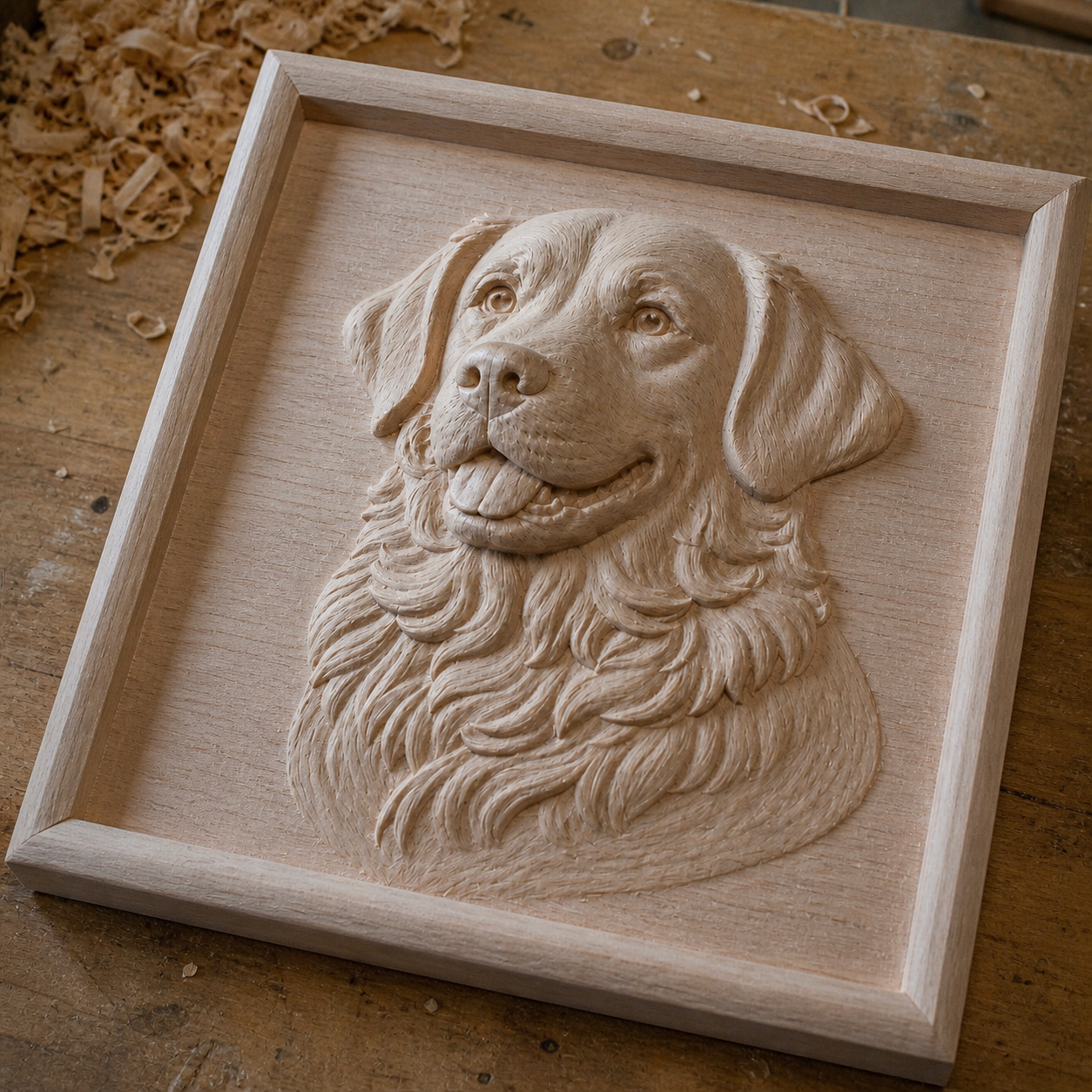 The Golden Retriever Dog Relief STL File by Form Arcade is CNC wall art featuring a lifelike dog head in a square frame. Detailed fur and a joyful expression stand out, while wood shavings add charm to this woodworking design.