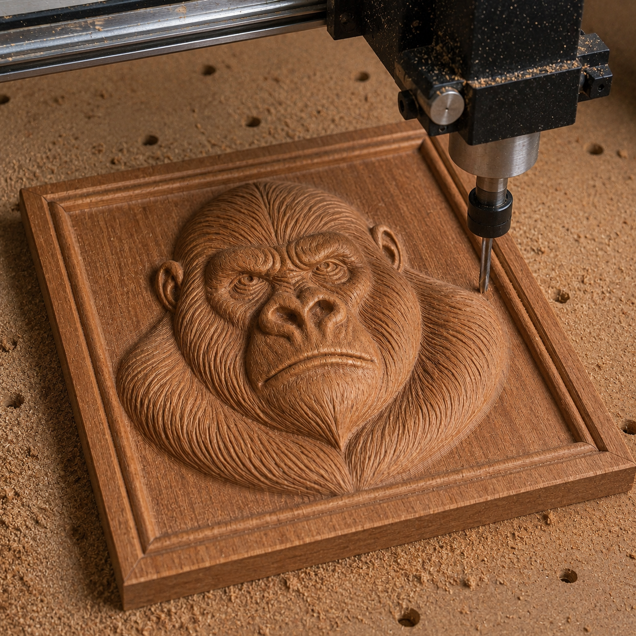 Form Arcade’s Gorilla Portrait Relief STL File lets a CNC machine carve detailed gorilla wildlife wall art in a square wood panel, surrounded by shavings.