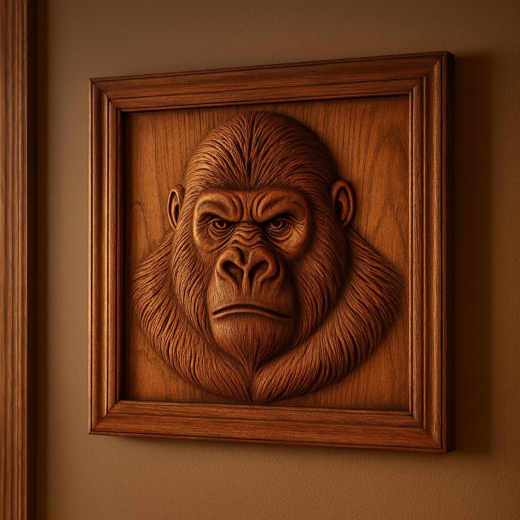 The Gorilla Portrait Relief STL File by Form Arcade is a wildlife CNC wall art design featuring detailed fur and a serious expression, shown framed on a brown wall.