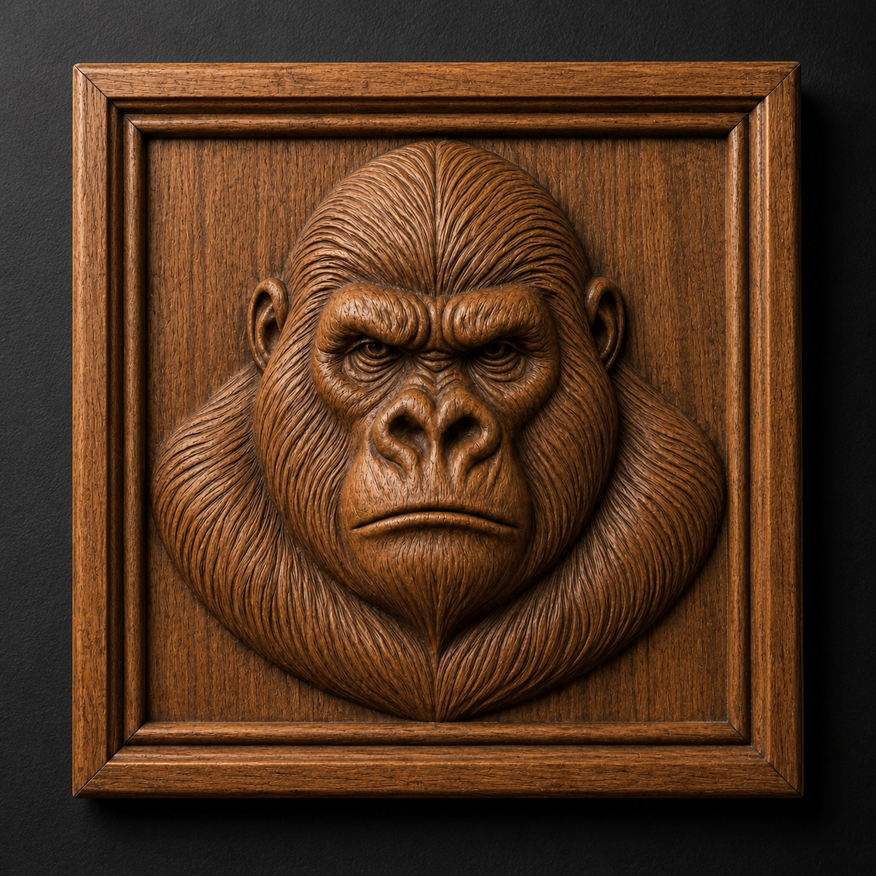 The Gorilla Portrait Relief STL File by Form Arcade features a serious-faced gorilla with detailed fur in a square frame, ideal for CNC wall art or 3D printing—perfect wildlife decor for your space.