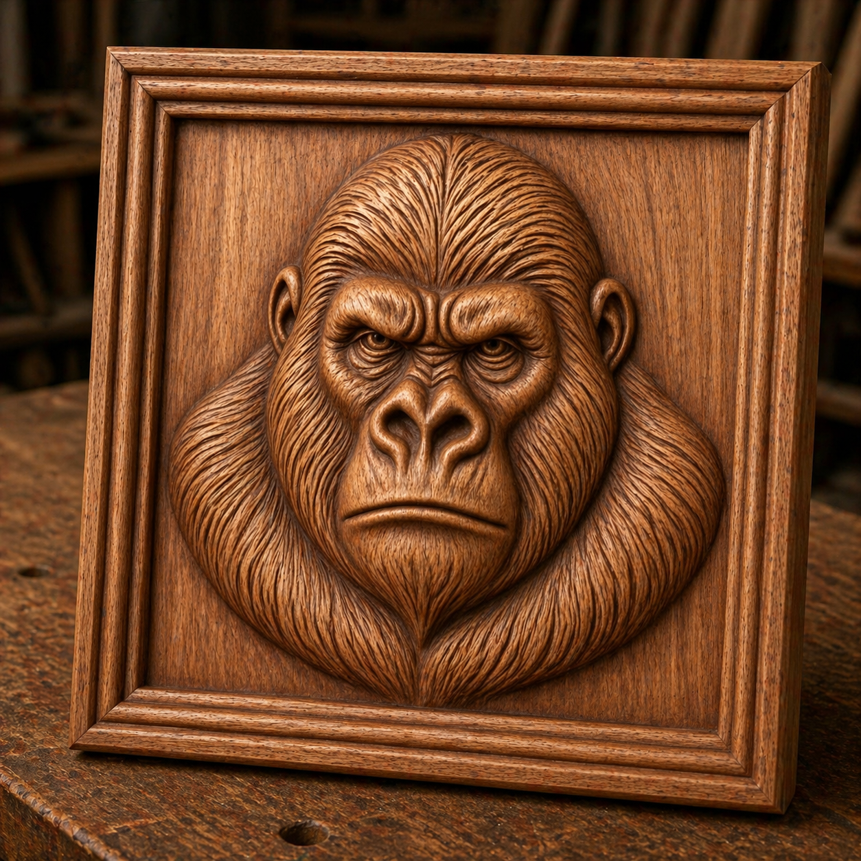 The Gorilla Portrait Relief STL File by Form Arcade features a detailed wooden gorilla face in a square frame, ideal for CNC wall art. This wildlife design captures lifelike depth and texture, perfect for your next carving project.