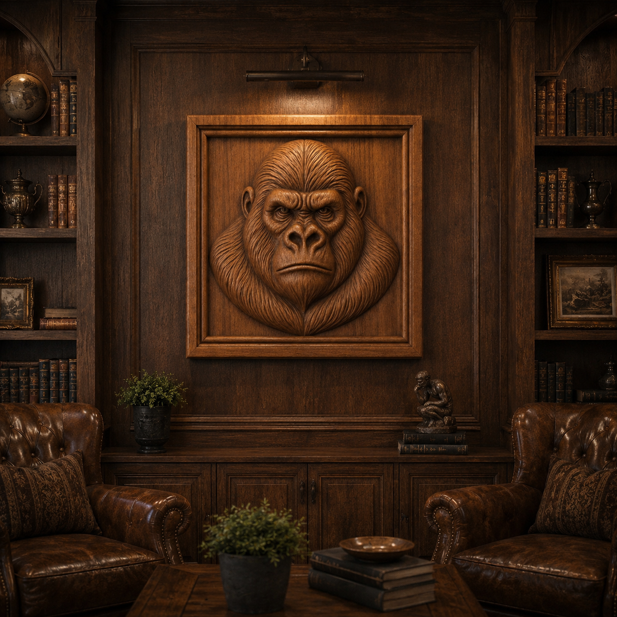 A wood-paneled library with leather chairs features the "Gorilla Portrait Relief STL File | Gorilla Wildlife CNC Wall Art" by Form Arcade on the wall, surrounded by bookshelves, potted plants, and framed art for a cozy, sophisticated feel.