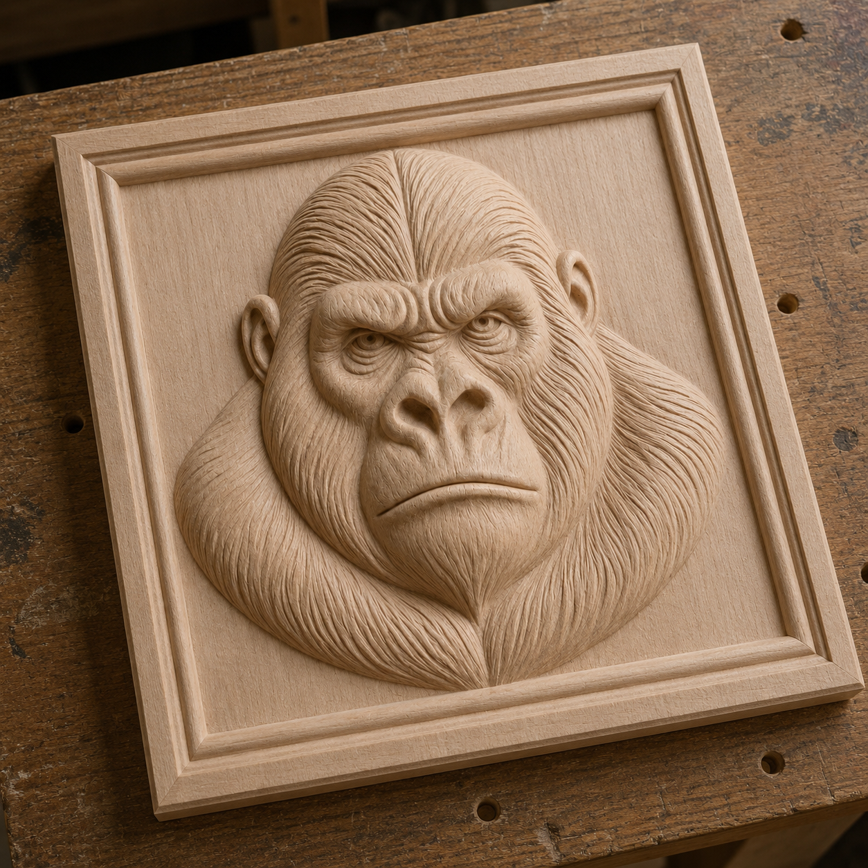 The Gorilla Portrait Relief STL File by Form Arcade features a wooden-style gorilla face in a square frame, perfect for CNC wall art. The design captures the gorilla’s expressive details and textured fur for stunning wildlife décor.