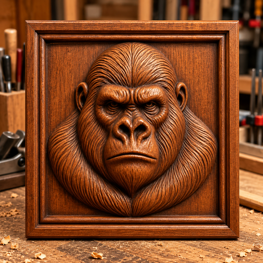 The Gorilla Portrait Relief STL File by Form Arcade features a detailed gorilla face CNC wall art, shown framed in a square panel on a woodworking studio workbench with tools and wood shavings in the background.