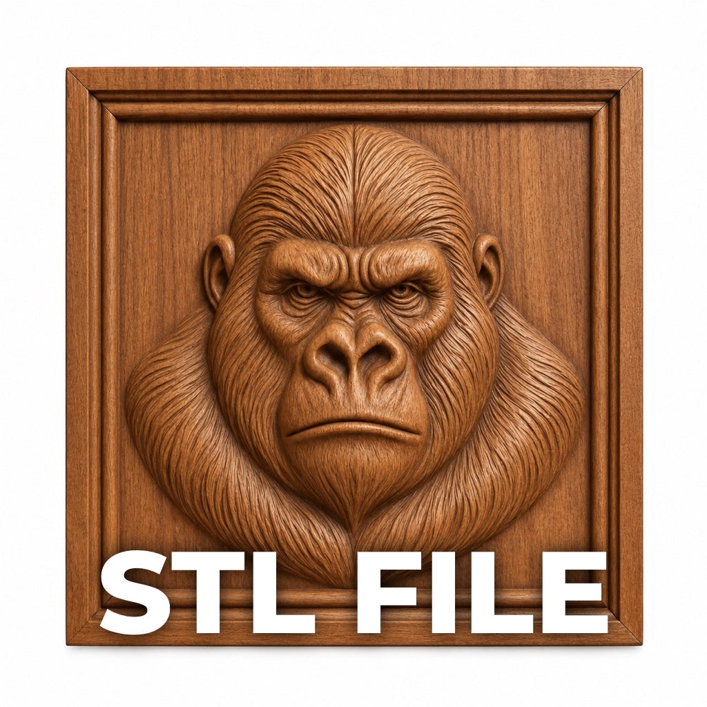 The Gorilla Portrait Relief STL File by Form Arcade features a gorilla’s head in a square frame, ideal for 3D printing or CNC wall art. Perfect wildlife decor for your next project.