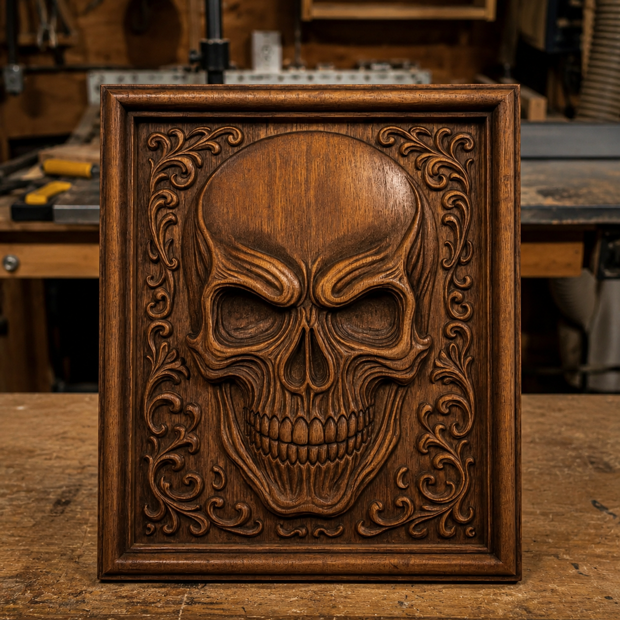 Sure! Here’s a rewritten sentence using your provided product data: The Gothic Skull Panel CNC Relief STL File by Form Arcade features a detailed wooden carving of a skull with ornate, swirling designs in a rectangular frame, displayed on a workbench as striking skull CNC wall art.