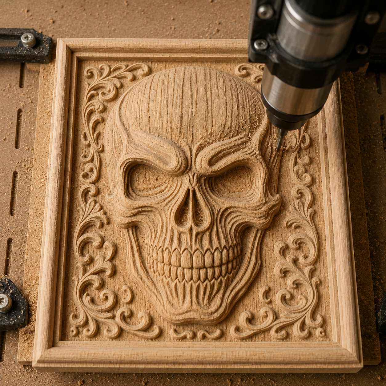 A CNC machine intricately carves the Gothic Skull Panel CNC Relief, a detailed skull and swirling patterns design by Form Arcade, into a square wooden panel—perfect for creating striking Skull CNC Wall Art.