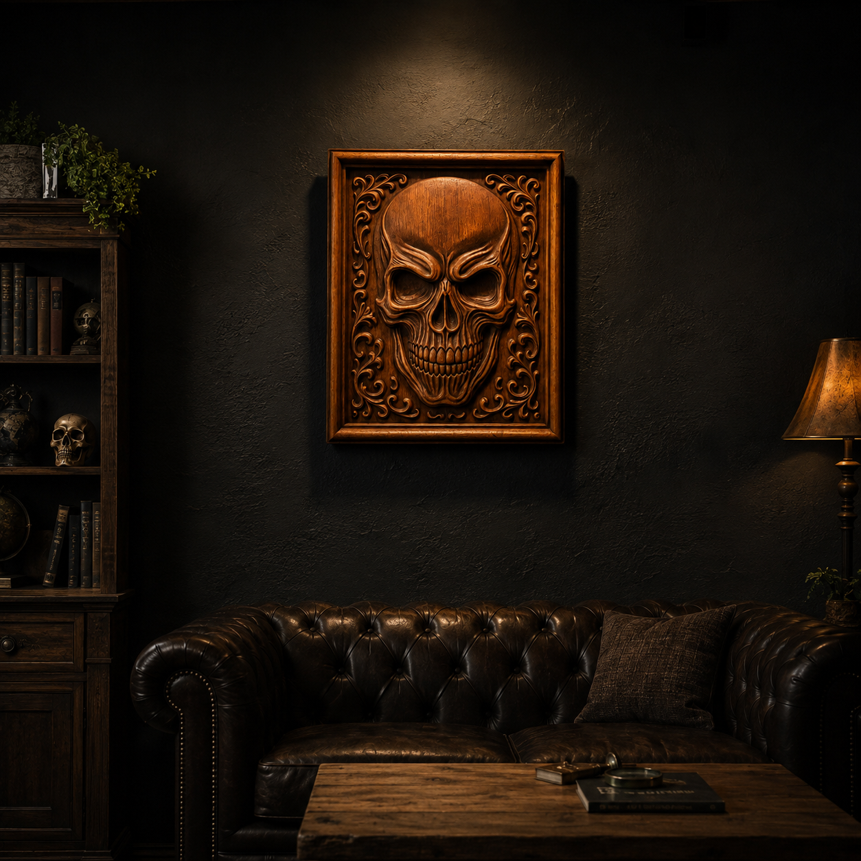 A dark, moody room with a brown leather couch, wooden table, bookshelf, and a Gothic Skull Panel carved in wood displayed on the wall, illuminated by a lamp. This striking artwork was created using CNC Relief STL File techniques for intricate CNC carving.