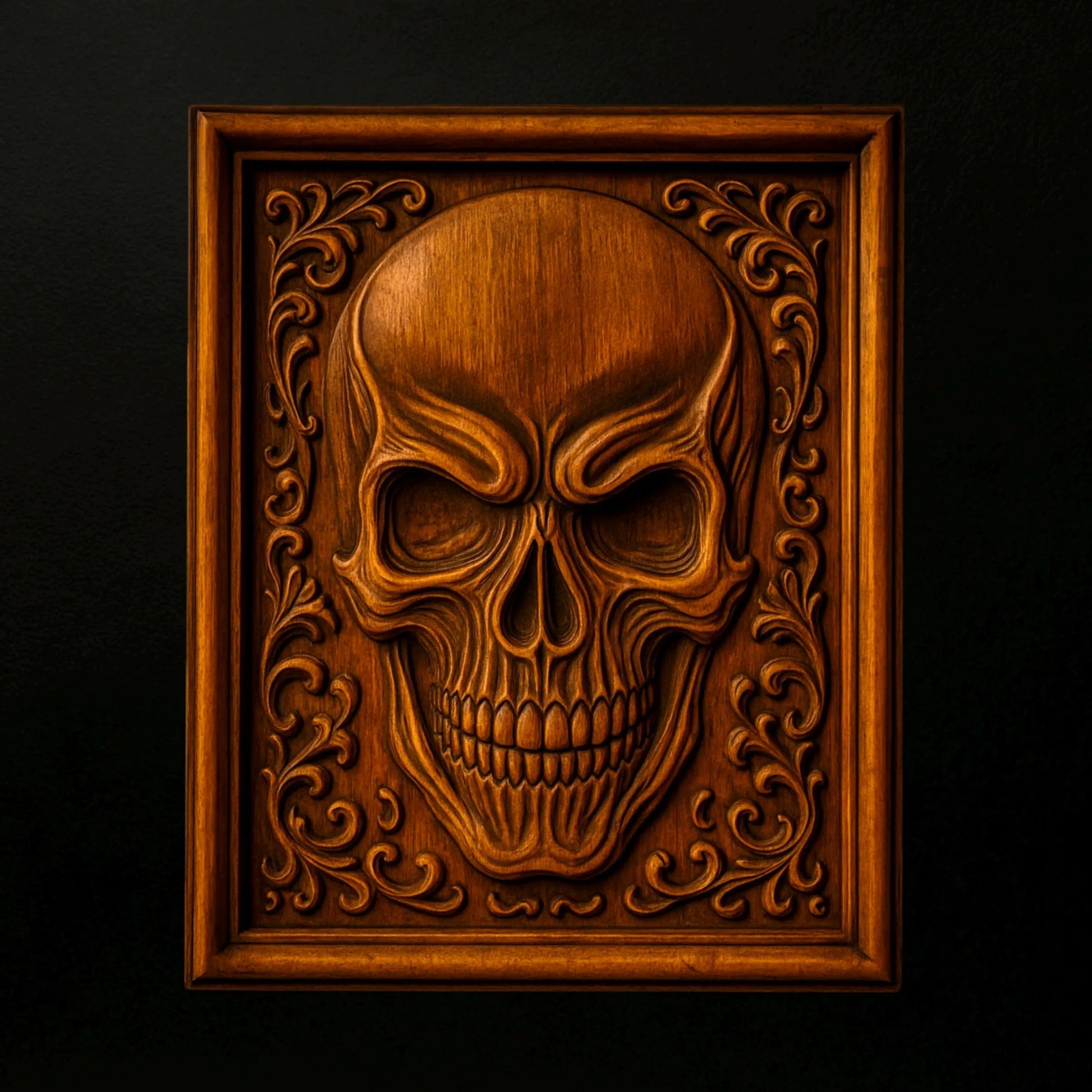 A detailed wooden carving of a menacing skull with ornate, swirling patterns is framed in a rectangular wooden border against a dark background—perfect for woodworking projects or serving as inspiration for CNC relief carving. The Gothic Skull Panel CNC Relief STL File by Form Arcade adds dramatic flair to any collection of skull CNC wall art.