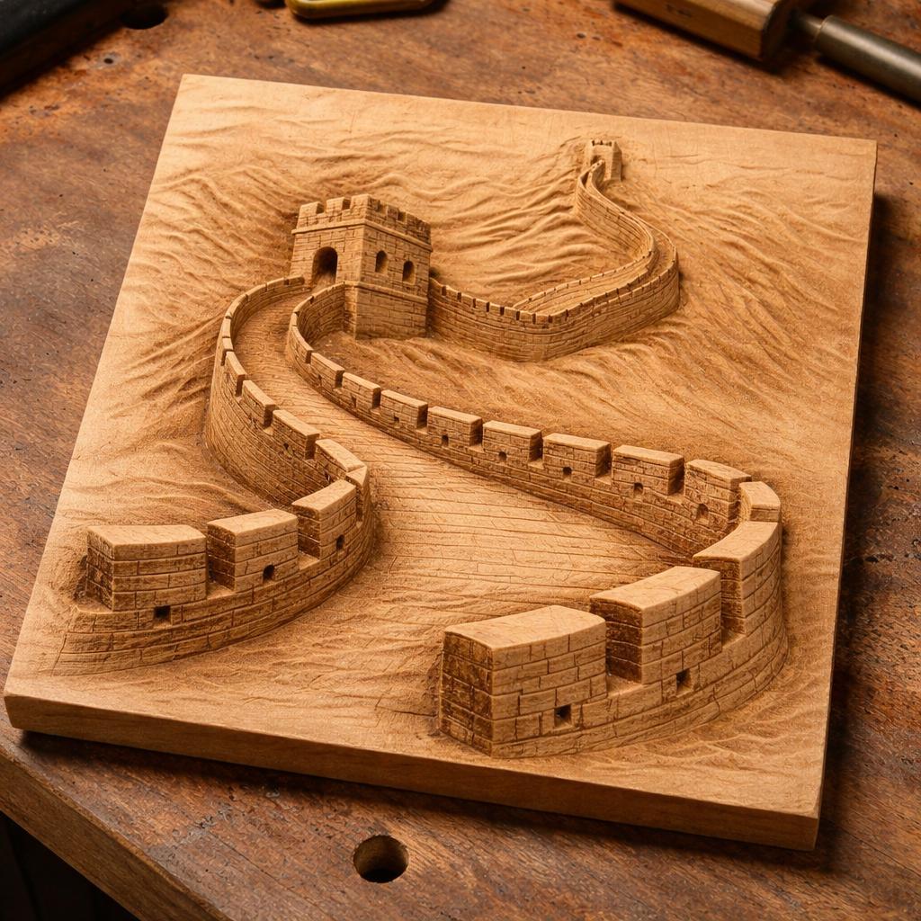 Close-up of a freshly carved Great Wall of China relief on a raw wood board, showing CNC toolpaths, depth variation, and natural wood grain in a workshop environment