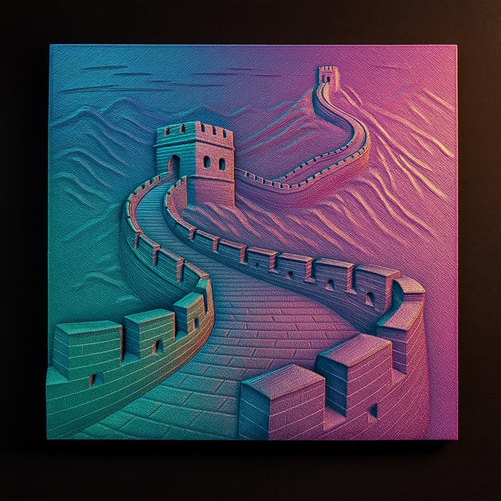 Great Wall of China bas relief displayed in a vibrant color gradient, showing smooth terrain transitions and layered structure as a 3D printed version of a CNC STL file