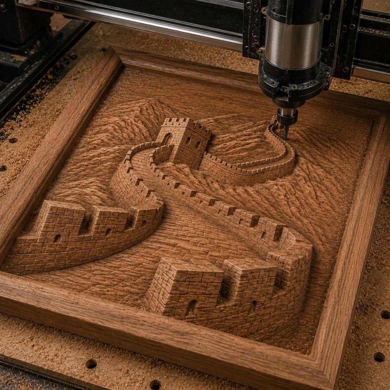 A CNC machine carves a 3D wooden relief of the Great Wall using Form Arcade’s "Great Wall of China Relief STL File | China Landmark CNC Wall Art," featuring the wall winding through textured terrain within a square frame, sawdust scattered on the worktable.