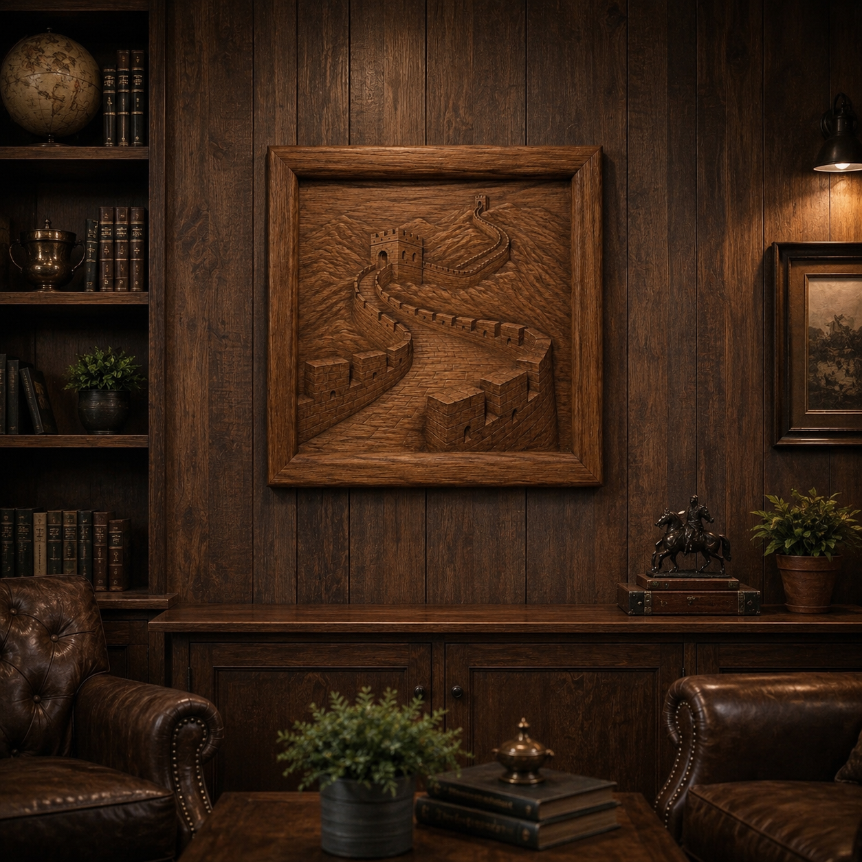 A cozy wood-paneled study with leather chairs, bookshelves, and a wooden wall art piece made from the Great Wall of China Relief STL File by Form Arcade. Plants and classic decor add warmth to this sophisticated setting.