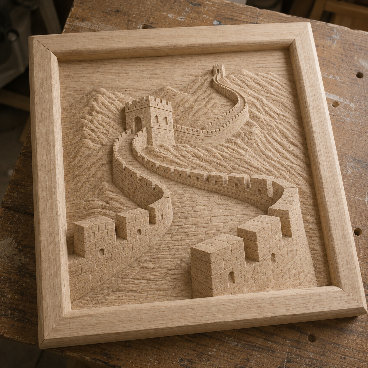 The Great Wall of China Relief STL File by Form Arcade is a CNC wall art design featuring intricate details of the landmark winding through mountains—perfect for creating your own wooden masterpiece.
