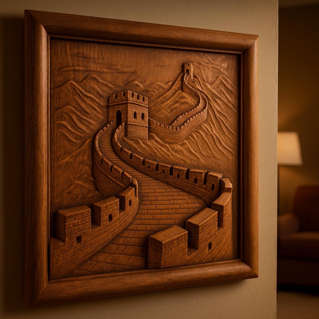 Framed wooden CNC relief carving of the Great Wall of China displayed as finished wall art, featuring layered terrain, carved architectural details, and natural wood grain with warm lighting, designed for CNC carving and compatible with 3D printing, perfect for home decor, historical themed wall art, and woodworking display pieces  