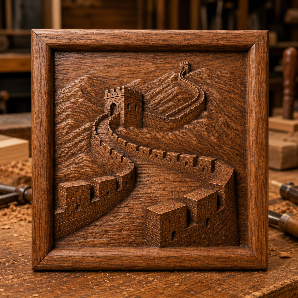 The Great Wall of China Relief STL File by Form Arcade features a detailed wall winding over hills in a square frame—perfect as CNC wall art or a bas relief woodworking project for landmarks lovers.