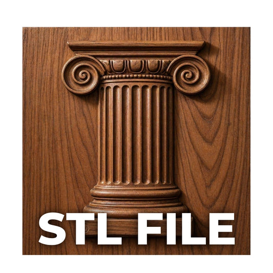 The Greek Column Relief STL File by Form Arcade features a carved Ionic capital on a wood grain background with bold “STL FILE” text—ideal for classical column CNC wall art, carving, and 3D printing projects.