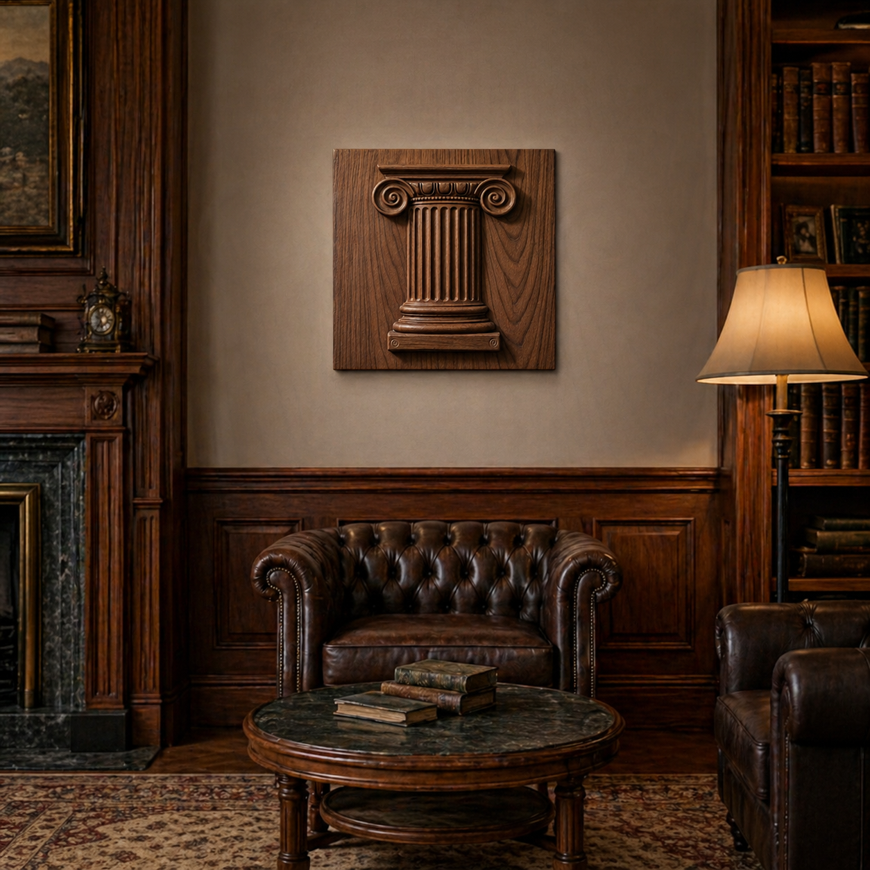 A classic library with dark wood paneling features a tufted leather armchair, bookshelves, a fireplace, and the Greek Column Relief STL File by Form Arcade—classical column CNC wall art perfect for carving.