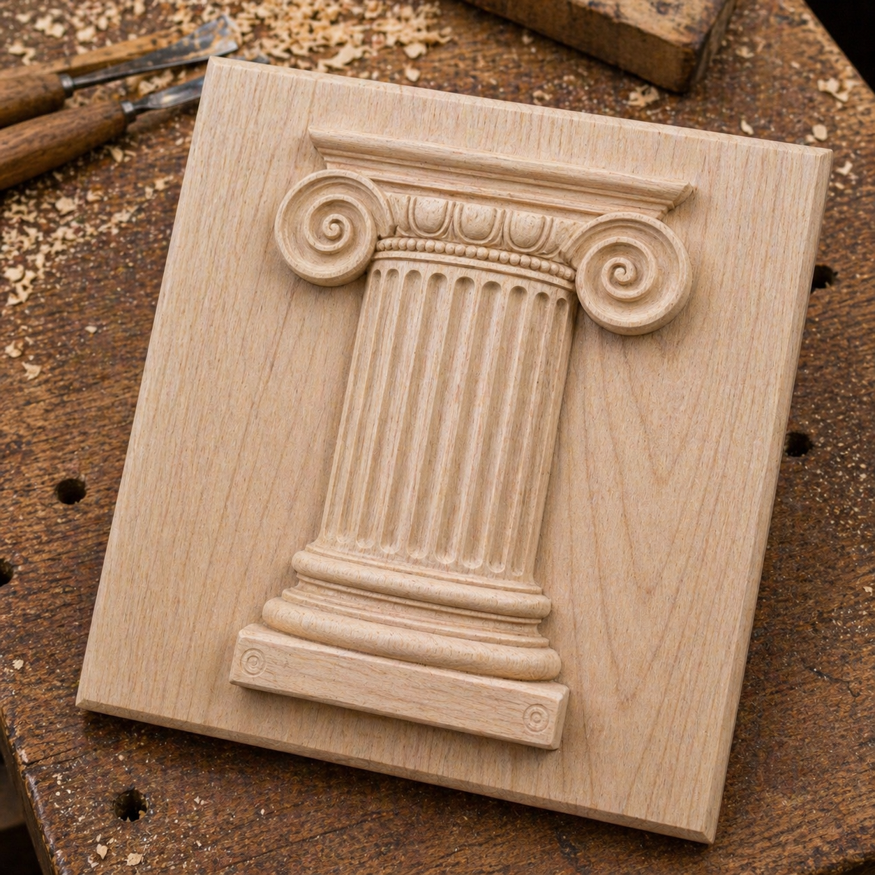 The Greek Column Relief STL File by Form Arcade features a classical Ionic column with fluted details and spiral volutes, ideal for CNC carving or wall art. Perfect inspiration for Greek column STL or CNC projects.