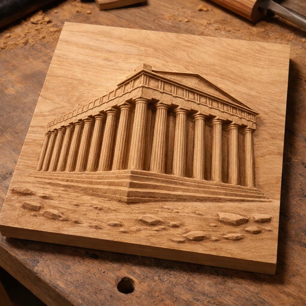 Freshly carved wooden CNC relief of a Greek temple on a raw wood board, showing tool marks, depth cuts, and natural grain in a workshop setting