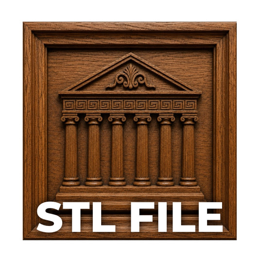 The Form Arcade Greek Temple Parthenon Relief STL File features a classical building design for CNC wall art, with "STL FILE" in bold white letters and ornate details—ideal for 3D printing or carving.