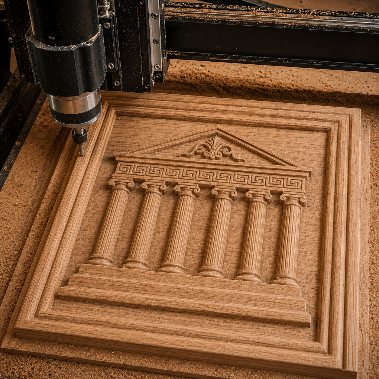 The Form Arcade Greek Temple Parthenon Relief STL File creates detailed classical CNC wall art of a columned building with a decorative pediment, perfect for adding ancient elegance to your decor.