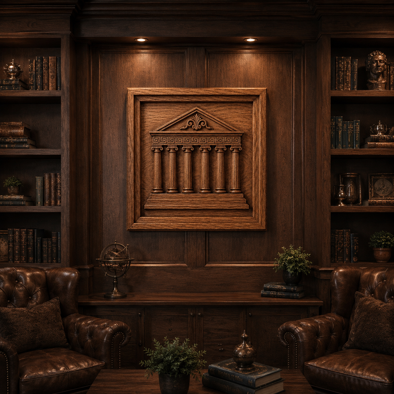 A library with dark wood shelves, leather armchairs, classic sculptures, and plants features a Form Arcade "Greek Temple Parthenon Relief STL File | Classical CNC Wall Art" carved panel on the wall, all warmly lit by recessed ceiling lights.