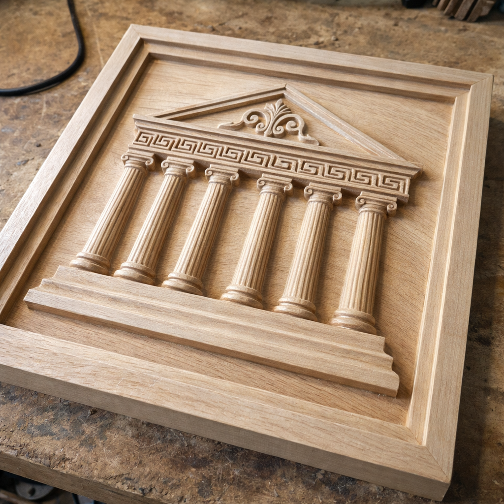 greek temple parthenon relief stl file during cnc carving process on wood panel, visible toolpath texture and carved depth in classical architecture design, cnc router file for woodworking projects, ancient greek building stl model for creating physical wall art, carved decor and architectural panels