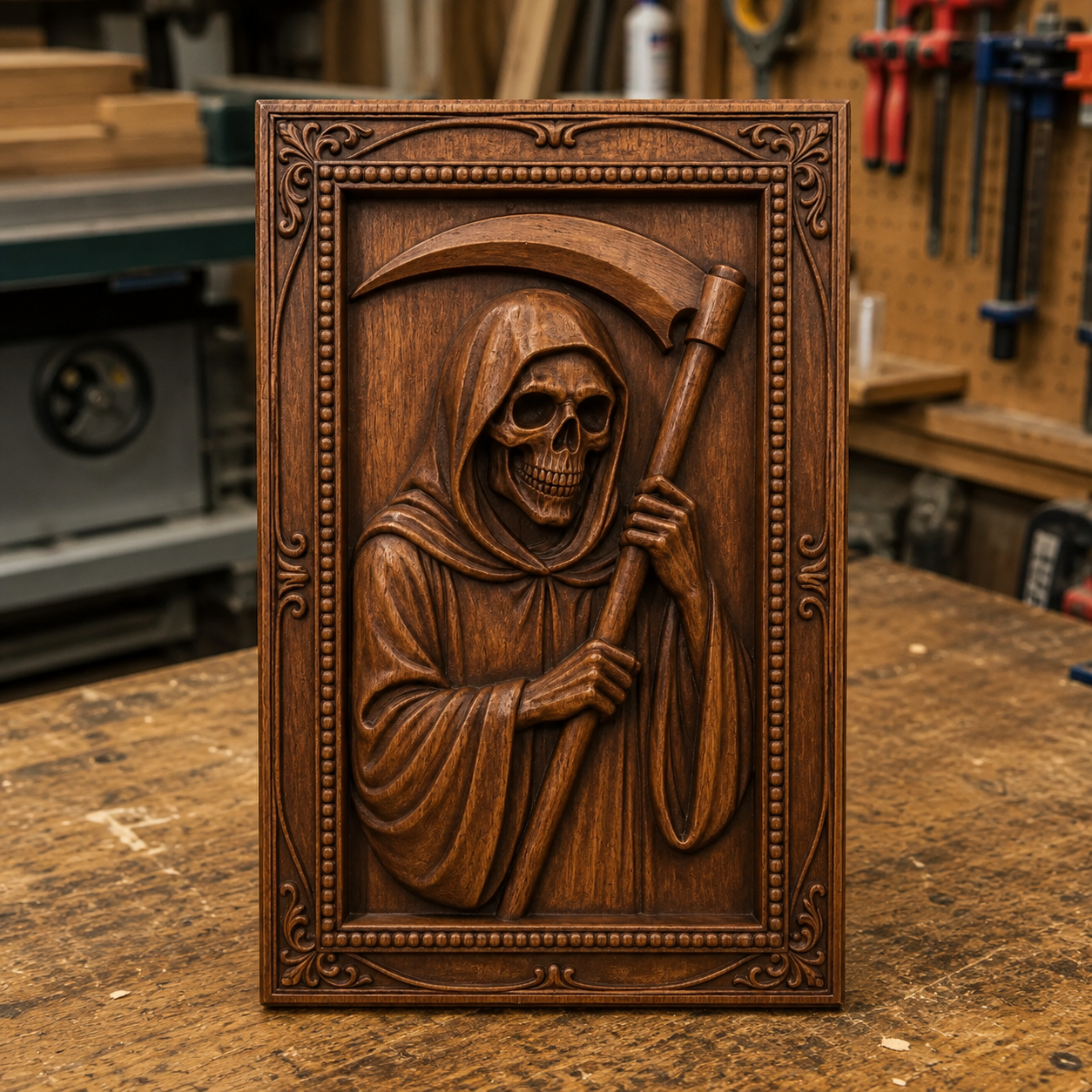 Showcasing the "Grim Reaper Portrait Relief STL File | Skeleton CNC Wall Art" by Form Arcade, this scene features a meticulously crafted wooden relief of the Grim Reaper with a scythe, set upright on a woodworking shop bench. Surrounded by tools and equipment, it perfectly exemplifies intricate woodworking projects and offers ideal inspiration for CNC relief carving.