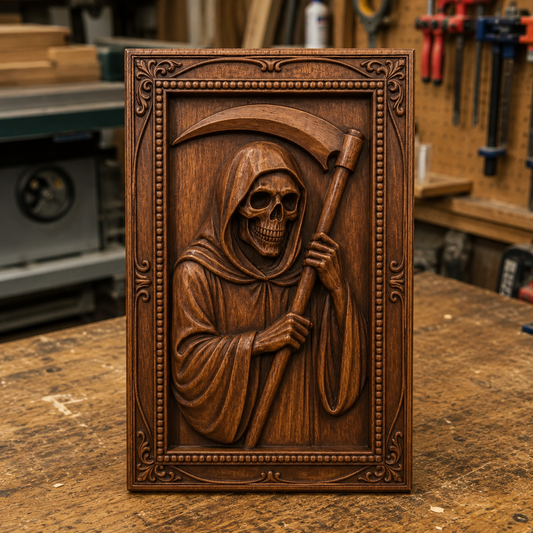 Showcasing the "Grim Reaper Portrait Relief STL File | Skeleton CNC Wall Art" by Form Arcade, this scene features a meticulously crafted wooden relief of the Grim Reaper with a scythe, set upright on a woodworking shop bench. Surrounded by tools and equipment, it perfectly exemplifies intricate woodworking projects and offers ideal inspiration for CNC relief carving.