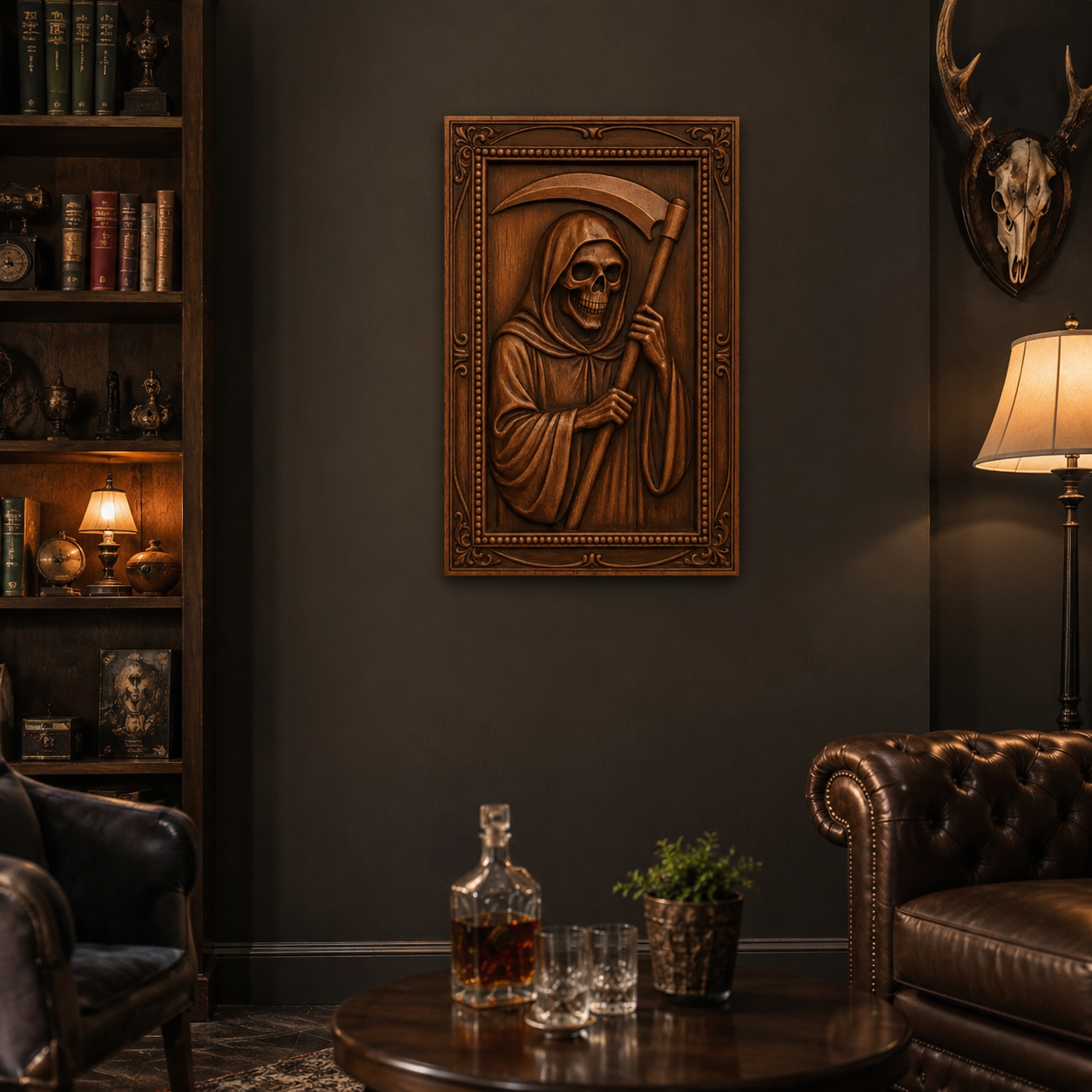 In a cozy, dimly lit study with leather chairs and shelves of books, a striking Grim Reaper Portrait Relief—an intricately CNC-carved skeleton wall art from Form Arcade—catches the eye. Nearby, skull-themed decor and a lamp provide atmospheric accents, while a decanter and glasses rest on the round table.