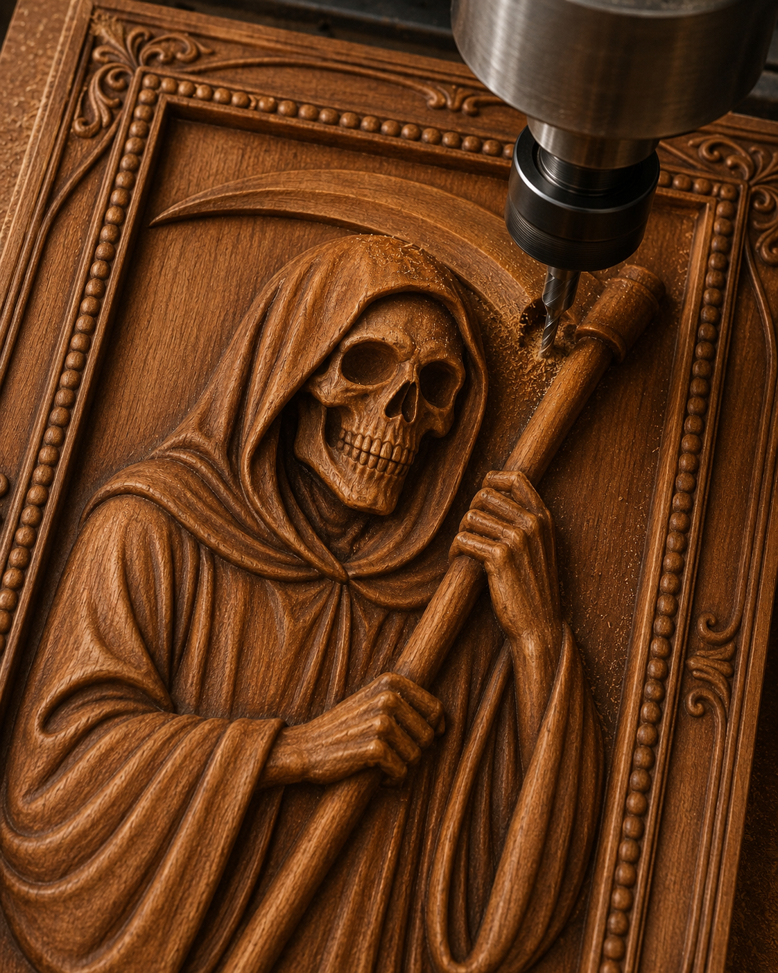 Using the "Grim Reaper Portrait Relief STL File | Skeleton CNC Wall Art" by Form Arcade, a CNC machine intricately carves a lifelike Grim Reaper portrait—complete with staff—into a wooden panel. This CNC relief carving features detailed lines and expressive features, bordered by an ornate frame, making it an eye-catching highlight for any woodworking project.