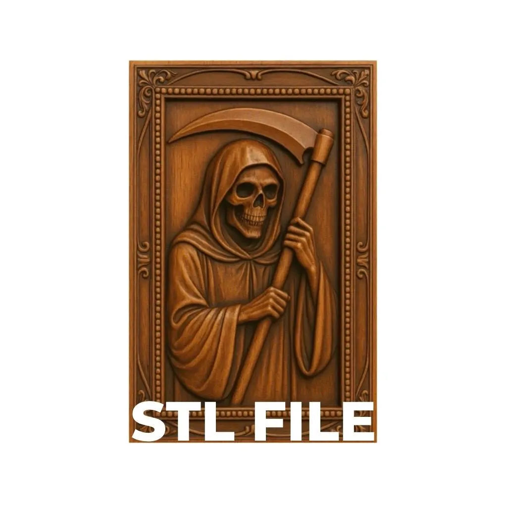 A detailed CNC relief carving featuring a hooded Grim Reaper holding a scythe, framed with ornate borders. This Grim Reaper Portrait Relief STL File by Form Arcade is perfect for woodworking projects and wall art, with "Grim Reaper STL" displayed at the bottom.