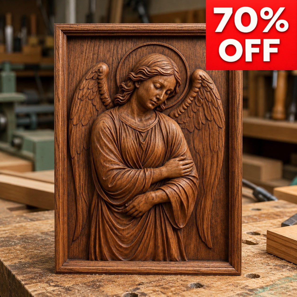 The Guardian Angel Relief STL File by Form Arcade is displayed on a workbench with tools. A red 70% OFF label is shown—perfect for CNC relief carving fans or as decorative angel wall art.