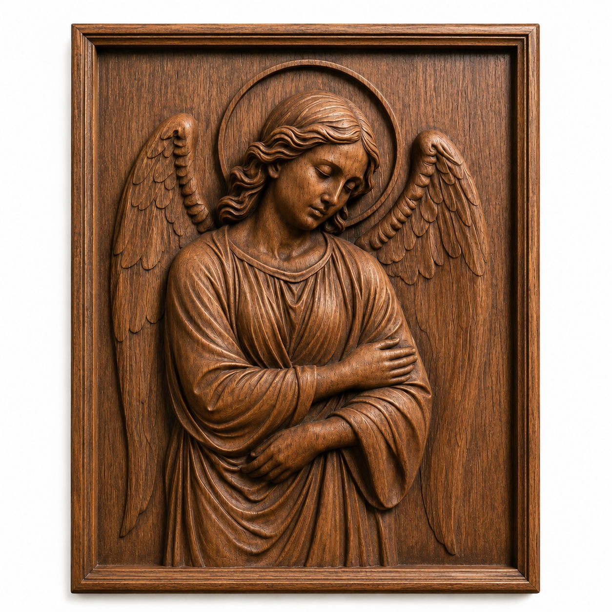 The Guardian Angel Relief STL File by Form Arcade is a woodworking wall art design featuring a serene angel with closed eyes, crossed arms, wings, and a halo in a rectangular frame—perfect for CNC carving projects.