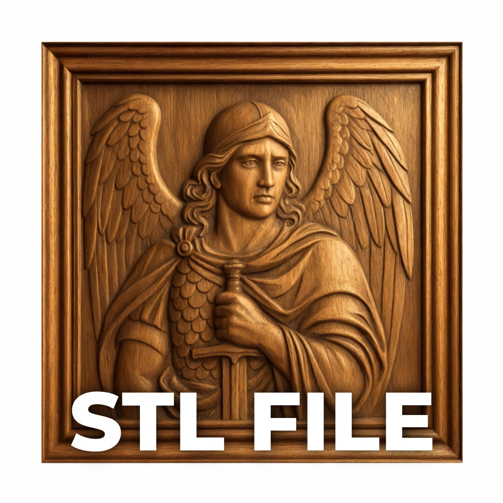 The "Archangel Warrior Relief STL File | Religious CNC Wall Art" by Form Arcade features a carved wooden Guardian Archangel with wings and sword in a square frame, perfect for CNC carving or 3D printing. Bold "STL FILE" text appears at the bottom.