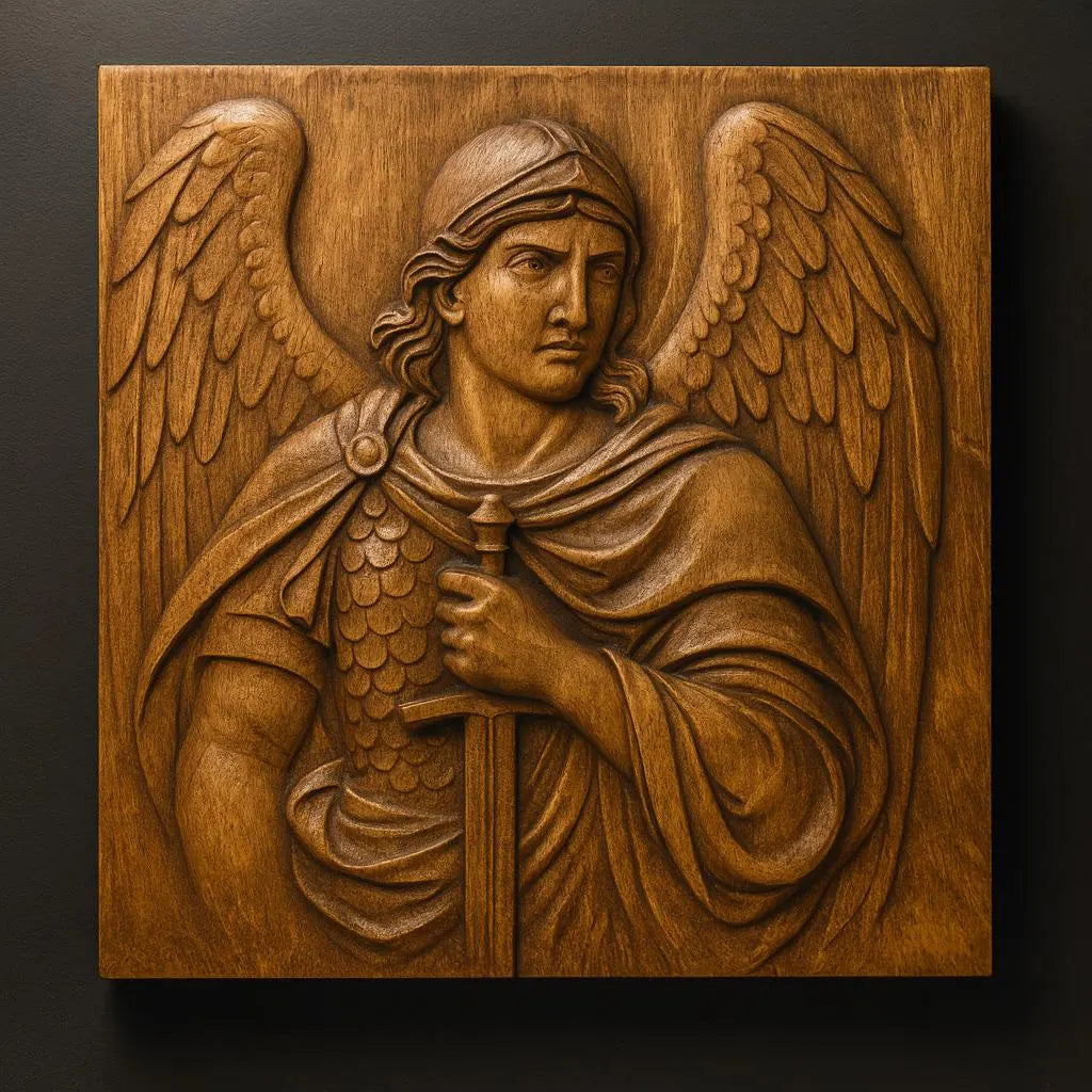 The Archangel Warrior Relief STL File by Form Arcade features an armored Guardian Archangel with wings and an upright sword, expertly crafted for religious CNC wall art and set against a plain dark background.