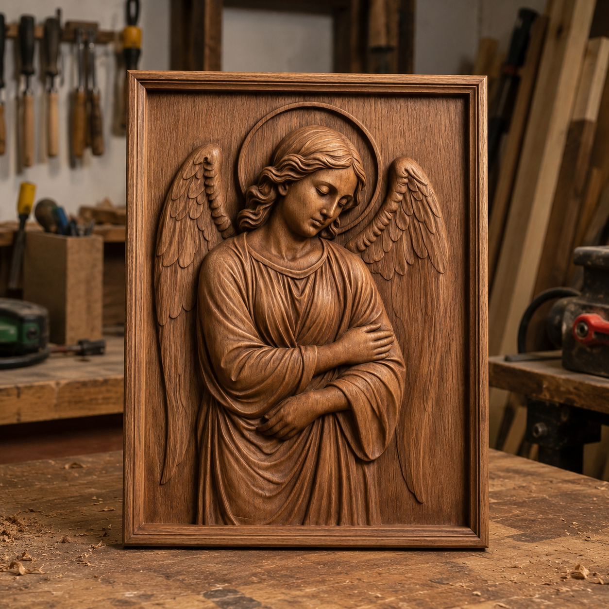 The Guardian Angel Relief STL File by Form Arcade is shown as a CNC-carved angel wall art, standing upright on a workbench amid tools and wood shavings in a woodworking shop.