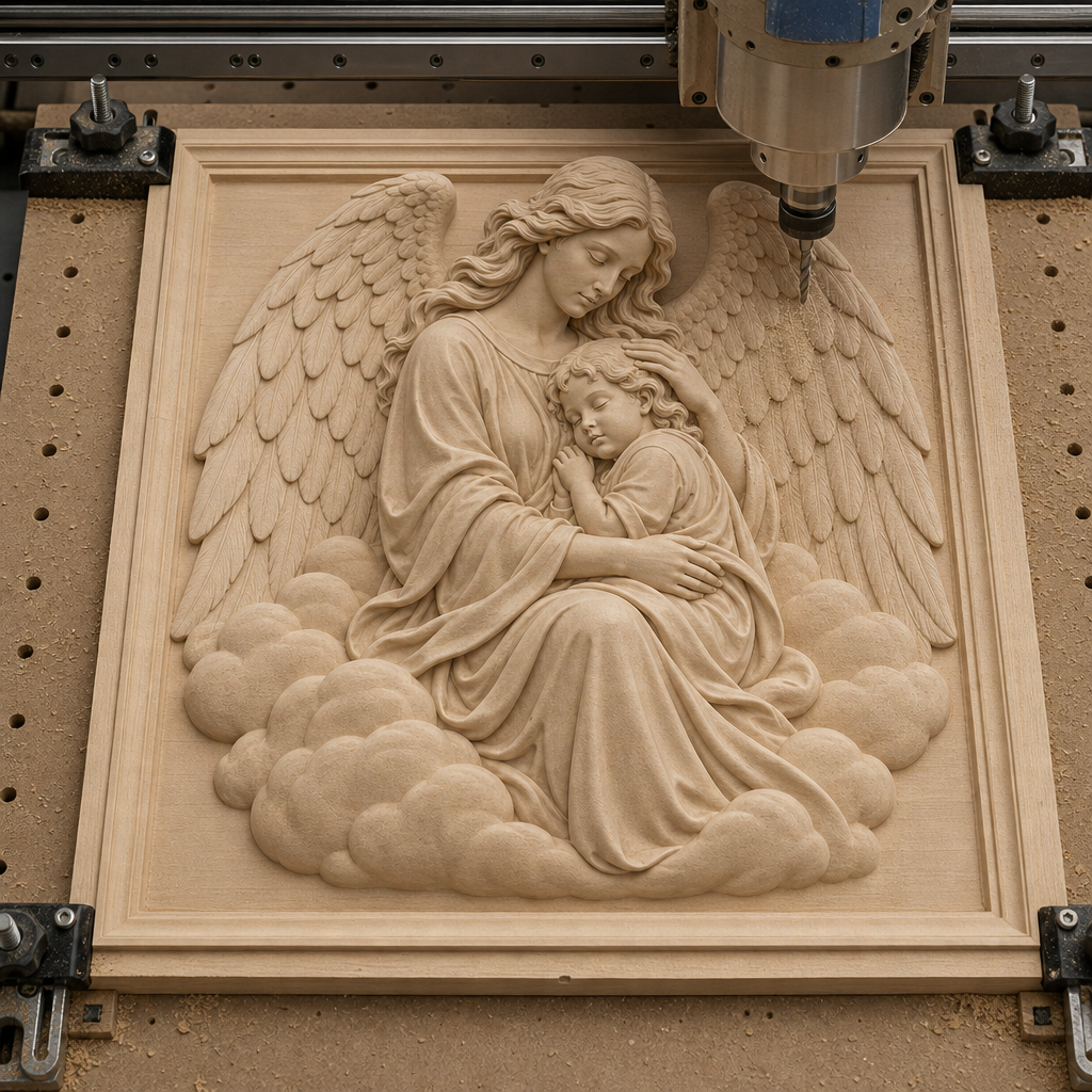 CNC cutting a framed wood relief of a winged guardian angel holding a sleeping child among layered clouds.