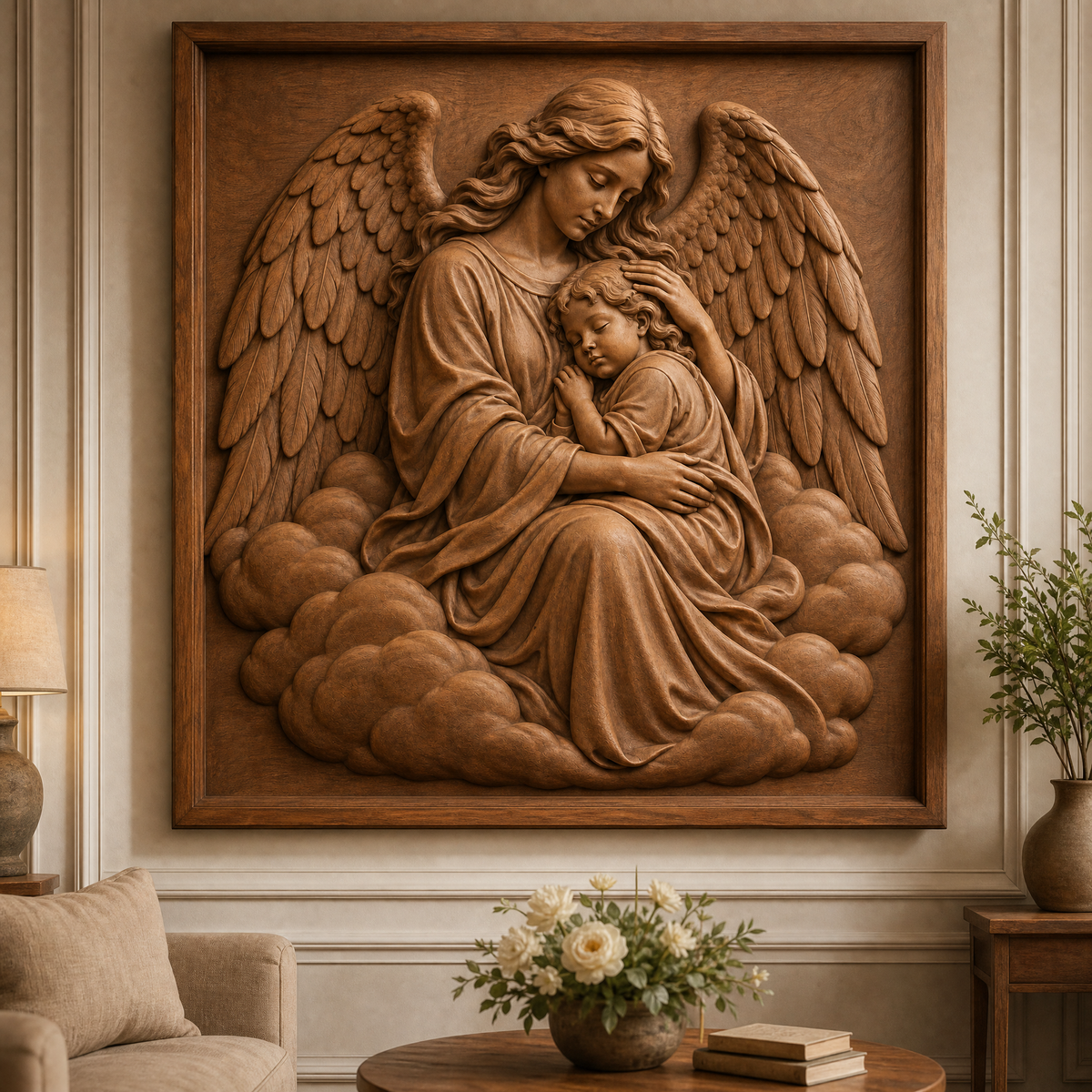 Framed wood CNC relief of a winged guardian angel holding a sleeping child among clouds, displayed on a living room wall.