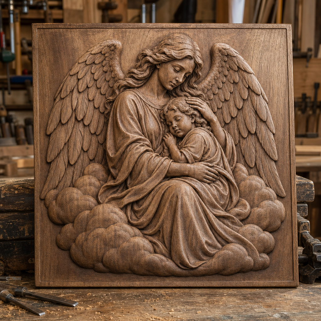 Finished wood CNC relief of a winged guardian angel holding a sleeping child among clouds, shown in a workshop.