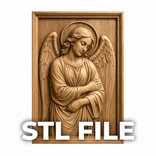 Guardian Angel relief STL file shown as the main product image with STL FILE text overlay, featuring a carved wood panel presentation that highlights the full angel wall art design, clean bas relief depth, layered detail, and downloadable digital file use for CNC carving, wood routing, and resin or FDM 3D printing projects.