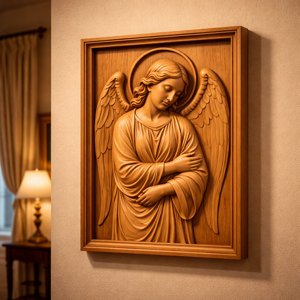 Guardian Angel relief wall art displayed in an interior room setting as a finished framed panel, helping buyers visualize the downloadable STL file as real home decor. The image highlights how the angel wall art works for CNC carved wood signs, framed wall panels, decorative interior accents, and custom maker projects created from the digital relief file.