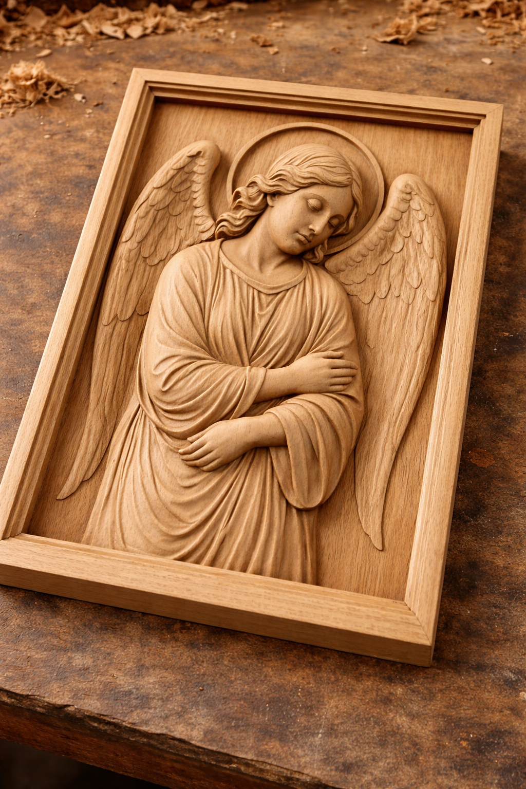 Guardian Angel relief design shown as a freshly carved CNC wood panel on a workbench, emphasizing natural grain, carving depth, and real project use from the downloadable STL file. This workshop image helps illustrate how the model performs for CNC router carving, relief woodworking, framed panel builds, sign making, and other 3D printing or custom fabrication applications.