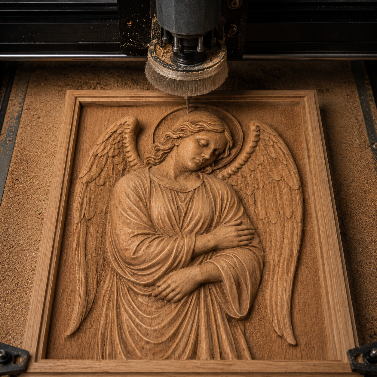 Form Arcade’s Guardian Angel Relief STL File | Angel CNC Wall Art features a detailed angel with folded arms and wings, perfect for 3D printing or CNC carving projects on wood, offering intricate craftsmanship and smooth textures.